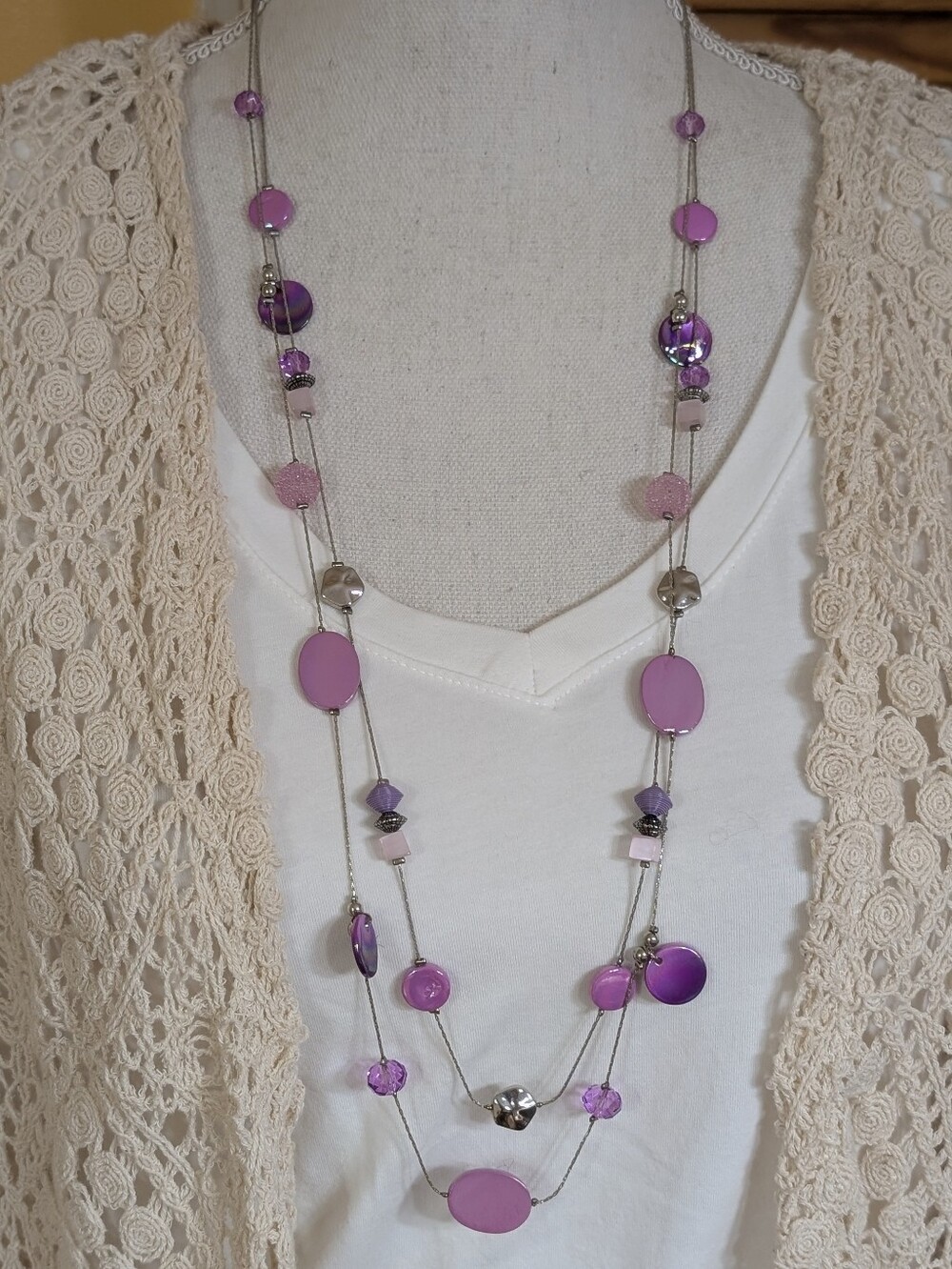 Double Strand Silvertone Purple Long Necklace